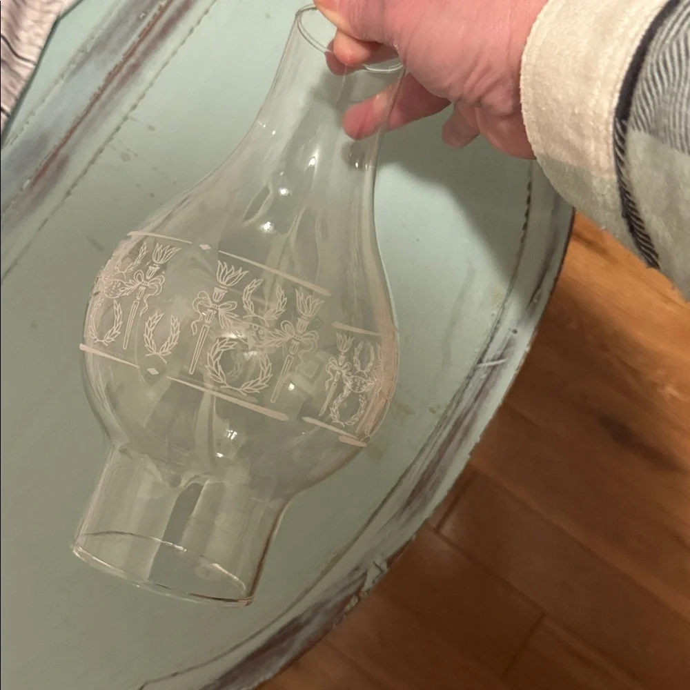 VTG Metal Oil Lamp, Glass Chimney Etching of Torches & Laurel Wreaths in white